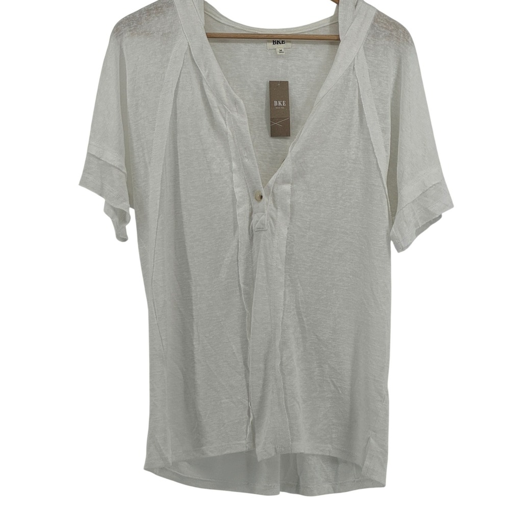 NWT BKE Womens White Short Sleeve Hooded‎ Henley Slub Knit Top Medium Flowy Boho